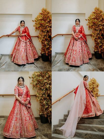 A collection of full-length bridal portraits on a staircase. These shots showcase the bride's stunning red lehenga and her graceful poses.