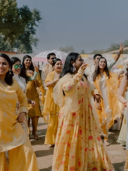 A group of ladies from the family enjoying a dance at the haldi ceremony. Our choreography is designed to be fun and accessible for everyone.