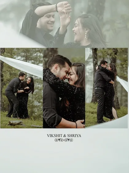 A collage of a couple's pre-wedding shoot in a foggy forest, capturing their playful and intimate moments in matching black outfits.