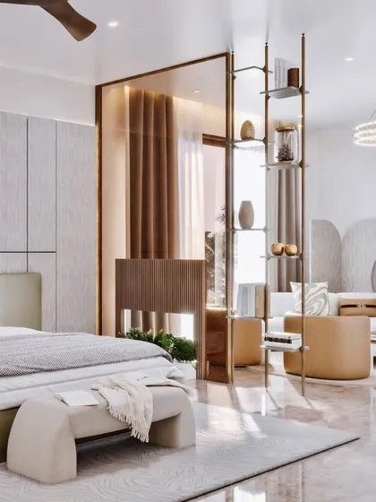 A perspective showing the full expanse of the room, from the bed to the lounge area, emphasizing its spaciousness.