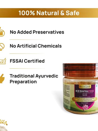 This graphic details the safety and purity standards for my Keshya Yog. It is a traditional Ayurvedic preparation with no added preservatives or artificial chemicals, and it is FSSAI certified.