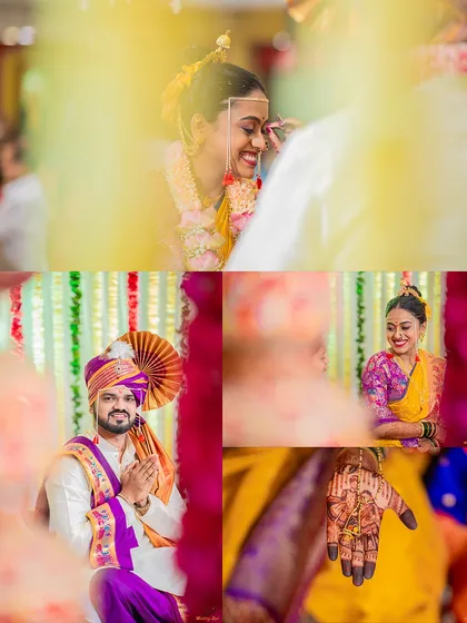 A collage capturing the groom's anticipation, the bride's smile, and a close-up of the intricate henna, telling a story through details.