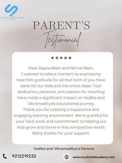 This heartfelt testimonial from Vedika and Vikramaditya's parents thanks us for our dedication, patience, and passion, which made a significant impact on their children's journey.