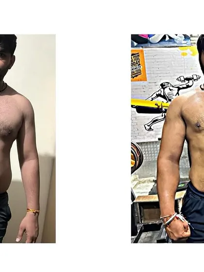 The journey from fat to fit is a process. This before and after shot shows the initial stages of a successful body recomposition, with visible fat loss and the beginnings of muscle definition.