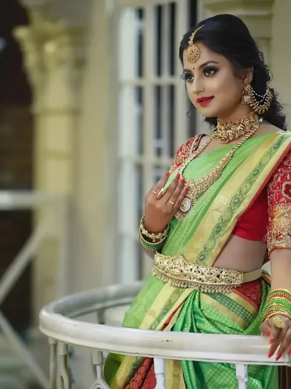 A series of photos showing a bride in a green saree with our stunning temple jewellery. The different poses highlight the choker, haram, bangles, and maang tikka.