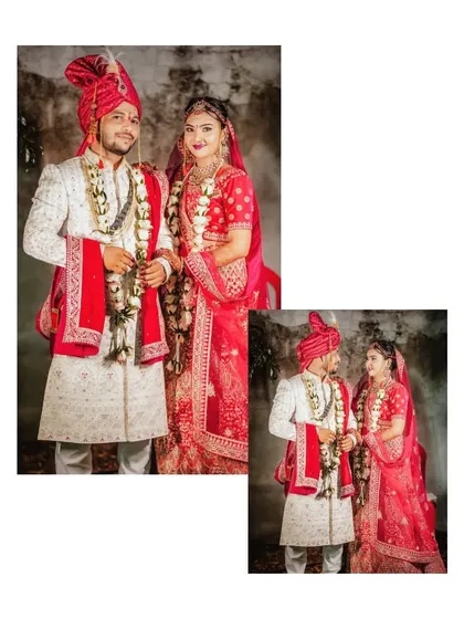 A collage of classic wedding portraits, showing the couple in their traditional red and white attire.
