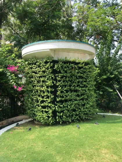 This is a unique application of a vertical garden, wrapping around a circular concrete structure. It completely transforms an otherwise plain architectural element into a piece of living topiary.