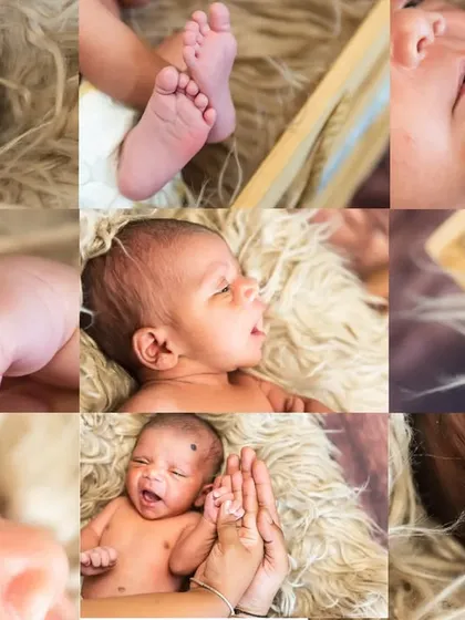 A beautiful collage of newborn details, showcasing tiny feet, hands, ears, and sleepy expressions.