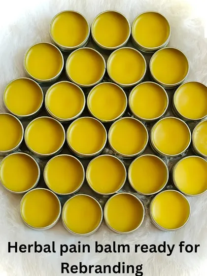 My product range includes unique wellness items like this Herbal Pain Balm, shown here ready for rebranding. Offering specialized, natural products like this can help your brand stand out in the market.