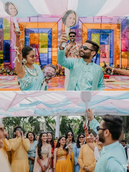 A fun and quirky touch with custom face cut-out fans of the bride and groom, adding a personal and humorous element to the celebration.