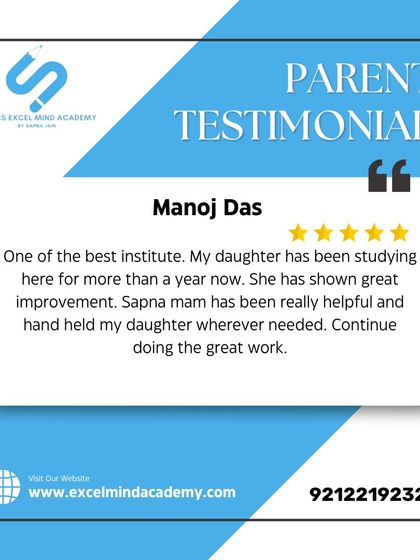Manoj Das calls our academy "one of the best institutes," noting his daughter's great improvement and the helpful, hand-holding guidance from Sapna Ma'am.