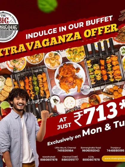Feast like never before. Our Extravaganza Offer on Monday and Tuesday brings you the biggest buffet in town for just ₹713.