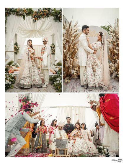 A three-photo story of a modern, chic wedding. It shows the couple at the mandap, a romantic portrait, and the fun moment of guests showering them with petals.