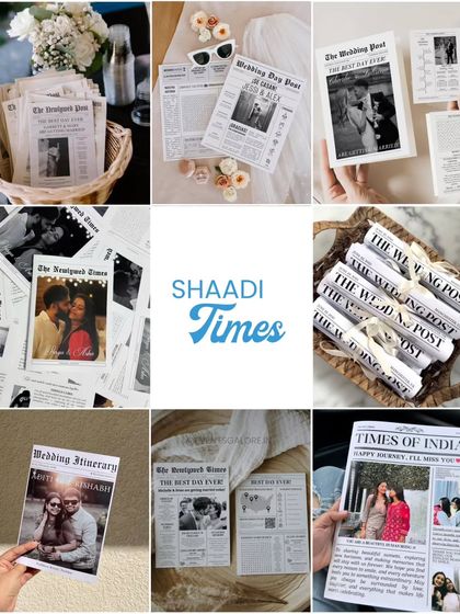 For a fun and unique twist, consider a newspaper-style wedding program or 'Shaadi Times'. It's a creative way to share your story, the event itinerary, and fun facts with your guests. (Concept inspiration).