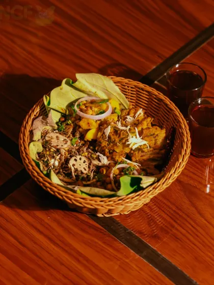 A closer look at the Manipuri relish munch basket, a mix of different textures and flavors.