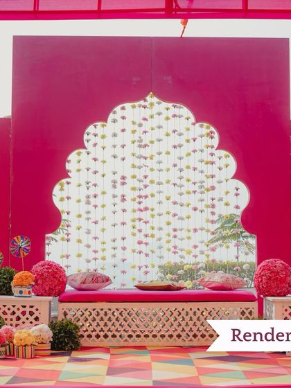 **The Vision:** A render for a bright and playful Mehendi seating area, using a traditional arch cutout against a vibrant pink backdrop with a colorful checkered floor.
