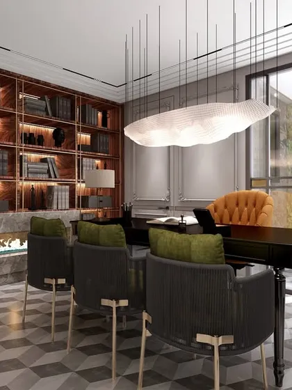 The main chamber of the lawyer's office, featuring a grand desk, a floor-to-ceiling library with an integrated fireplace, and a view of a green wall. The design exudes authority and sophistication.