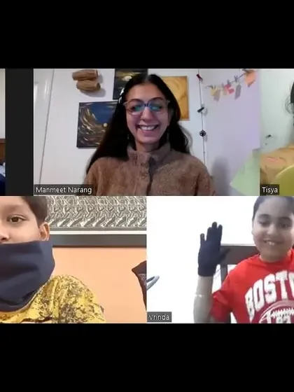 Creativity is not just for writing. We use fun games and activities to spark imagination and build connection. This group of younger kids is showing off their creative props during an online session.