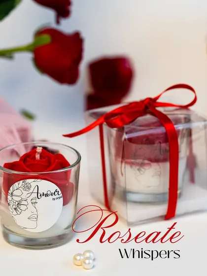 Let love bloom with my 'Roseate Whispers' candle. This handcrafted shot glass candle features a stunning red rose design, making it a perfect, elegant gift for your Valentine.