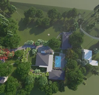 A top-down satellite view render of the entire Alibag estate, crucial for master planning and understanding the overall layout of the 10-acre property.