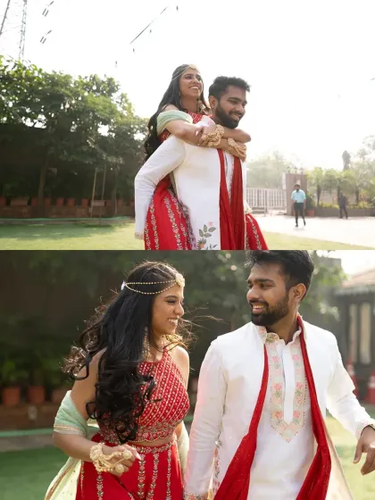 A collage capturing the fun and playful moments of the couple during their outdoor Mehendi celebration.