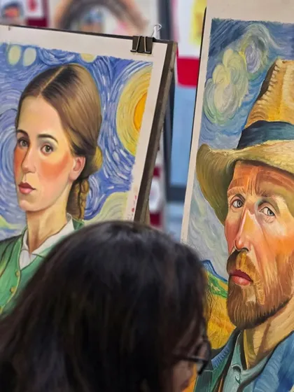 Two stunning Van Gogh-inspired portraits created with oil pastels are displayed side-by-side, demonstrating the impressive skill of our students.