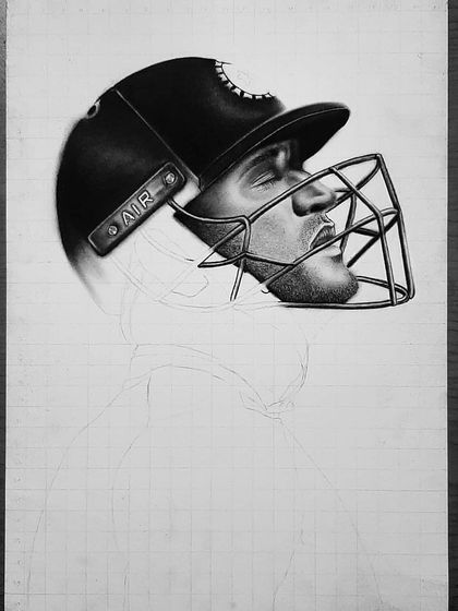 A step-by-step look at my tribute portrait of MS Dhoni. These images show the meticulous work of drawing the helmet, face, and jersey details over 90 hours.