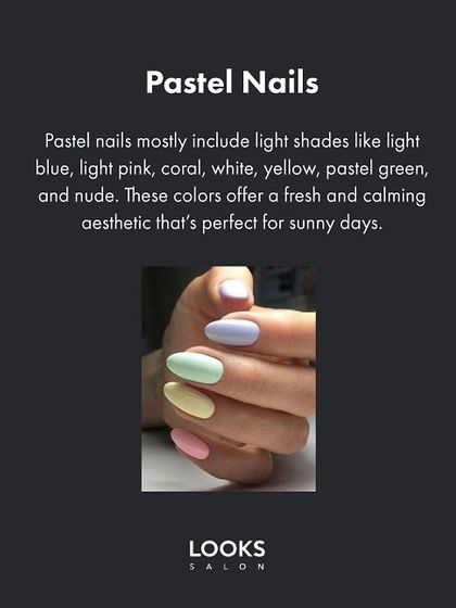 Pastel nails are a summer staple. This image shows a variety of soft shades like light blue, pink, and yellow, which offer a fresh and calming aesthetic.