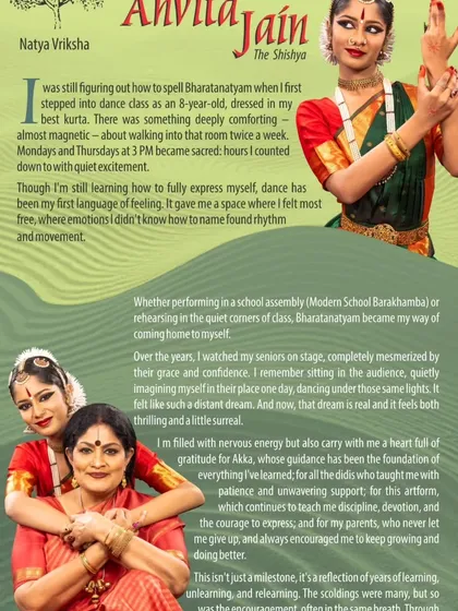 An excerpt from the arangetram brochure for Anvita Jain, where she shares her personal journey with dance. It speaks of the deep connection she feels with the art form.