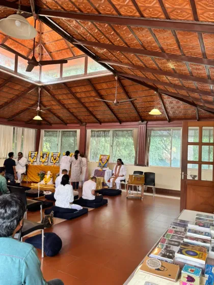 After a deep meditation, our gurubhais gather for prasad and fellowship. This image captures the joy and connection that follows our Sunday Satsang, where we share not just spiritual practice but also simple, happy moments.