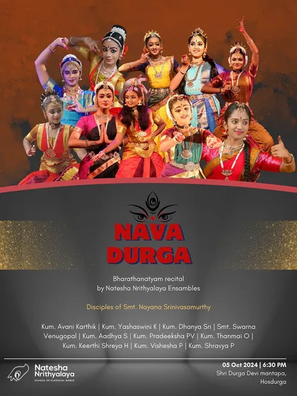 The official poster for our "Nava Durga" recital, featuring our talented ensemble of dancers. This showcases the professional presentation of our productions.