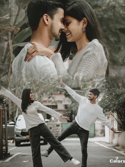 A dynamic collage combining a playful street pose with a romantic close-up.