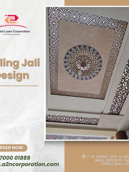 An ornate ceiling jali design featuring a central medallion with a Greek key motif, surrounded by intricate borders. This demonstrates how our work can elevate the "fifth wall" of a room.
