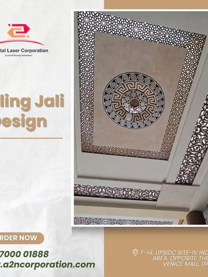 A close-up of a ceiling jali design featuring a central medallion with a Greek key pattern, surrounded by intricate floral jali work. This piece adds a strong focal point and a sense of classic elegance to the room's ceiling.