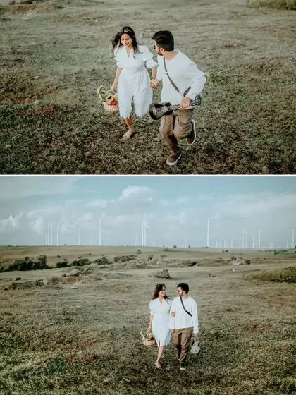 A diptych showing the couple walking through a vast, open field with windmills in the distance. This adventure-themed pre-wedding shoot captures a sense of freedom and togetherness.