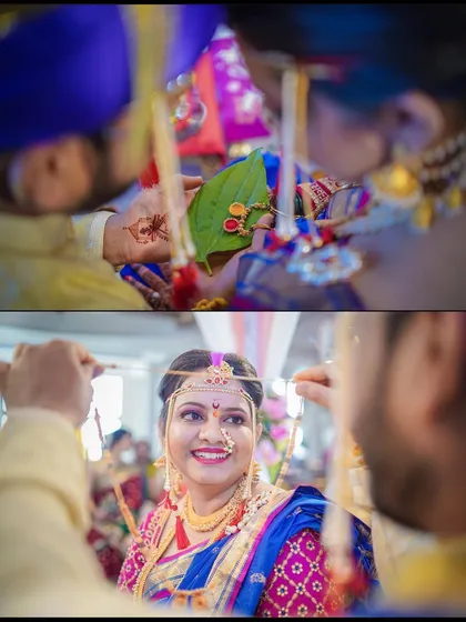 A collage showing key moments from a Maharashtrian wedding ceremony. It captures the tying of the mangalsutra and the bride's happy expression during the rituals.