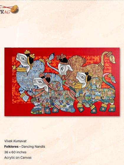 'Folklores - Dancing Nandis' by Vivek Kumavat, a large-scale piece where intricately detailed Nandis dance against a bold red background, each telling a mythological story.