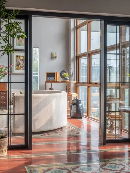 A view through the large glass doors shows how we connected the interior spaces. The design allows for glimpses from one room to another, creating a sense of flow and discovery. The terracotta-colored floor tiles add warmth and a touch of traditional character.