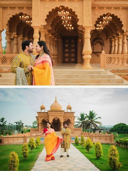 Dressed in elegant ethnic wear, this couple's pre-wedding shoot at a heritage location combines tradition with grandeur. The intricate architecture provides a timeless backdrop for their portraits.