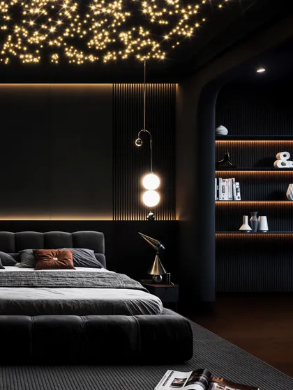 A moody, all-black master bedroom where texture is key. The render highlights the starlight ceiling, fluted walls, and backlit shelving to create a dramatic yet cozy retreat.