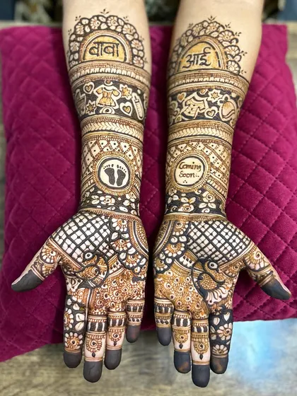 This design combines traditional check patterns with baby shower elements like 'Coming Soon', baby footprints, and the words 'आई' (Aai) and 'बाबा' (Baba).