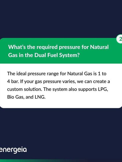 The system is flexible and supports various fuel types. The ideal pressure for Natural Gas is 1 to 4 bar, but I can create custom solutions for different pressures. The kit is also compatible with LPG, Bio Gas, and LNG.