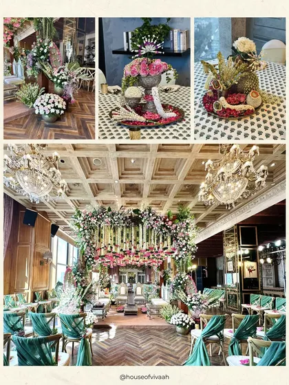 A collage showcasing a South Indian inspired wedding decor, with a grand floral mandap, traditional brass elements, and a ceiling of cascading rajnigandha and lotus blooms.