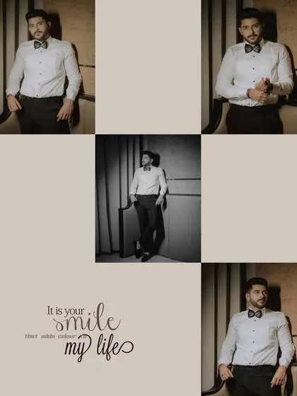 A collage of the groom getting ready for the engagement party, showing different angles and moods in a mix of color and black and white.