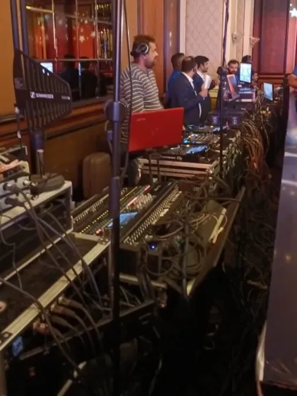 A wide shot of the extensive technical setup for a large corporate event at Taj Lands. It takes a lot of gear to create a seamless show.