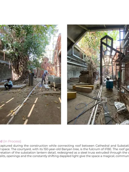 The courtyard, with its 150 year old Banyan tree, is the fulcrum of IF.BE. We designed a new connecting roof with a steel truss that interprets a traditional lantern detail, creating a magical quality of shifting, dappled light.