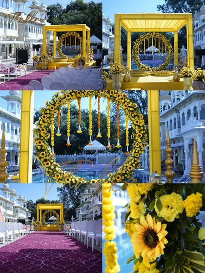 A beautiful poolside Haldi mandap setup. The decor features a square yellow structure with a circular sunflower arch inside, creating a stunning visual against the backdrop of a heritage-style building.
