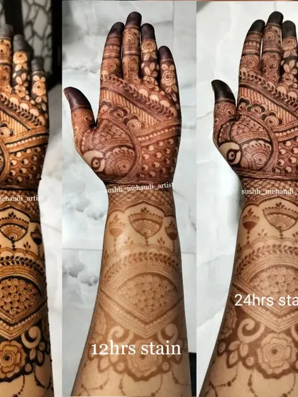 Getting that perfect dark stain is a team effort. This shows how the mehndi color develops from when it's applied, to 12 hours later, and the beautiful deep stain after 24 hours with proper aftercare.