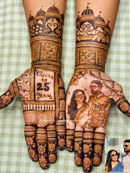 This design was a special joy to create for a 25th anniversary. I recreated a favorite photo of the couple, telling their unique story in henna to celebrate a beautiful milestone.