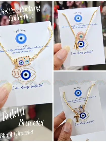 Here are some of the different designs for our initial and evil eye rakhi bracelets. You can choose from various charm shapes and colors to create the perfect personalized gift.